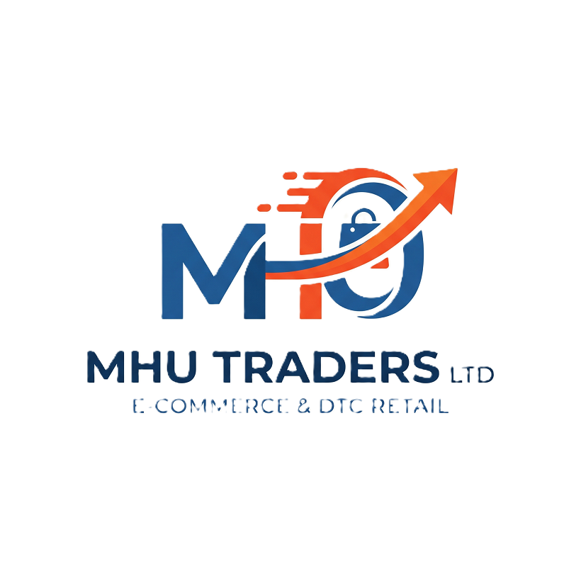 A modern e-commerce logo featuring a dynamic, stylized 'MHU' monogram in navy blue and bright orange on a light background. The design incorporates orange speed lines on the left, a swooping upward orange arrow indicating growth, and a small blue shopping bag icon nested within the right side of the graphic. Below the central graphic, bold navy blue text reads 'MHU TRADERS LTD', with a secondary tagline underneath reading 'E-COMMERCE & DTC RETAIL' in a smaller blue, sans-serif font.